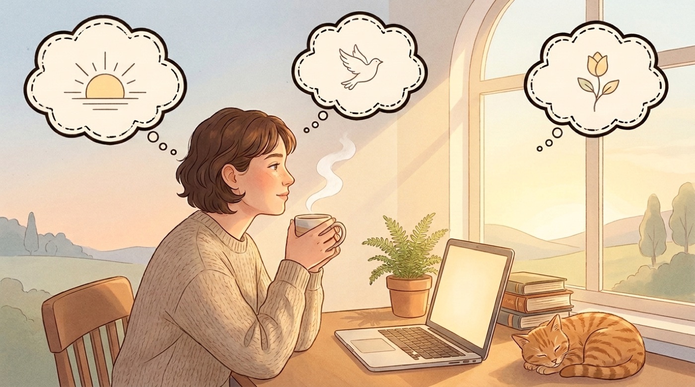 朝、机でコーヒー片手に思考する人と、点線の思考の吹き出し3つ